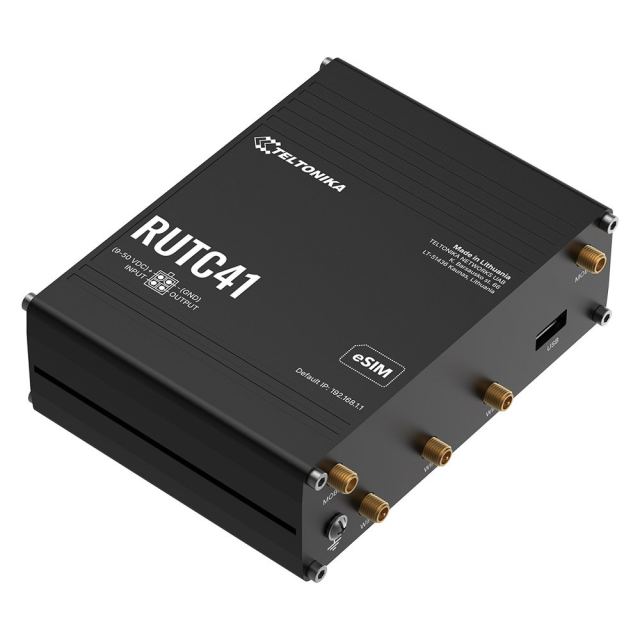 Router 4G LTE industrial Teltonika Edge RUTC41, WiFi 6 Dual Band, 2.4GHz / 5GHz, Cat 4, 2x SIM, 1x eSIM, 5x porturi Ethernet Gigabit 10/100/1000 Mbps, Docker, I/O, PoE pasiv, management de la distanta