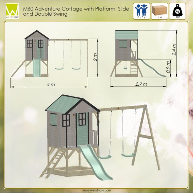 Casuta de gradina pastel Green Adventure Cottage cu platforma, tobogan si leagan dublu Wendi Toys