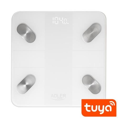 Cantar electronic inteligent de baie Adler AD 8186, Bluetooth, Tuya, display LED, 180 kg, platforma de sticla 6 mm, apa/grasime/masa musculara/masa osoasa, Auto ON/OFF (Alb)