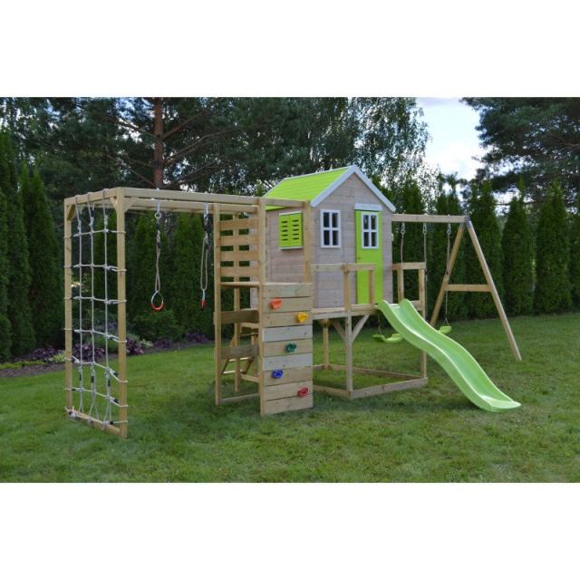 Casuta de gradina Lime Lodge cu tobogan, leagan dublu, modul sport Wendi Toys