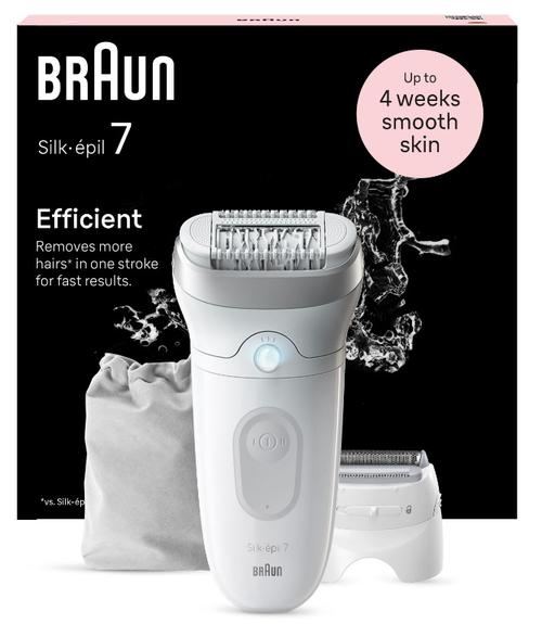 Epilator Braun SE7-041 Silk épil 7, 40 pensete, Functie masaj, Lavabil, 3 capete incluse (Alb/Argintiu)