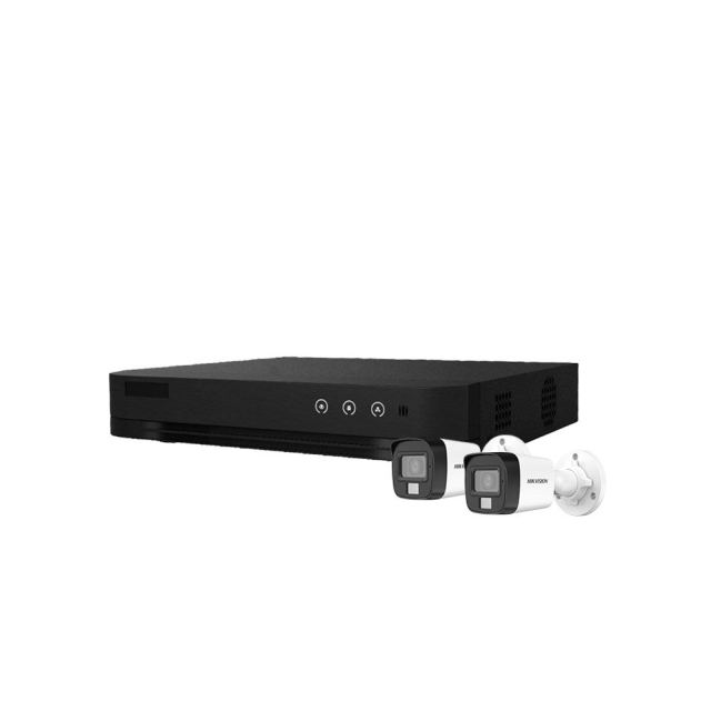 Sistem supraveghere exterior basic HikVision, 2 camere, 5 MP, IR 30 m, lumina alba 20 m, 2.8 mm, microfon