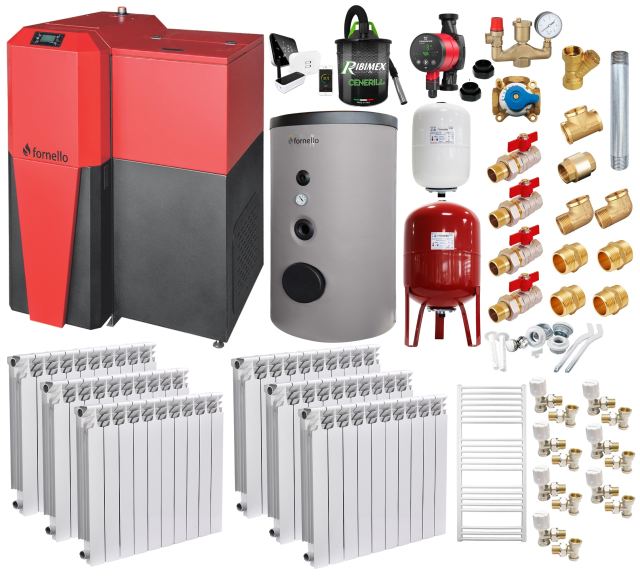 Pachet Centrala mixta Lemn/Pelet Fornello Tera 28 kW, boiler de sol, calorifere aluminiu, termostat, aspirator, pompa, vas expansiune, fitinguri, aprindere automanta la peleti, buncar peleti 95 kg, creuzet fonta, pentru 180 mp