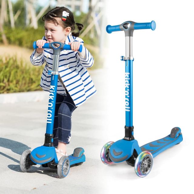 Trotineta pentru copii Nichiduta Kick and roll Blue pliabila, cadru din aluminiu, ghidon reglabil in 4 pozitii, roti silentioase din PU cu lumini LED, dimensiune 58 x 25.9 x 82 cm