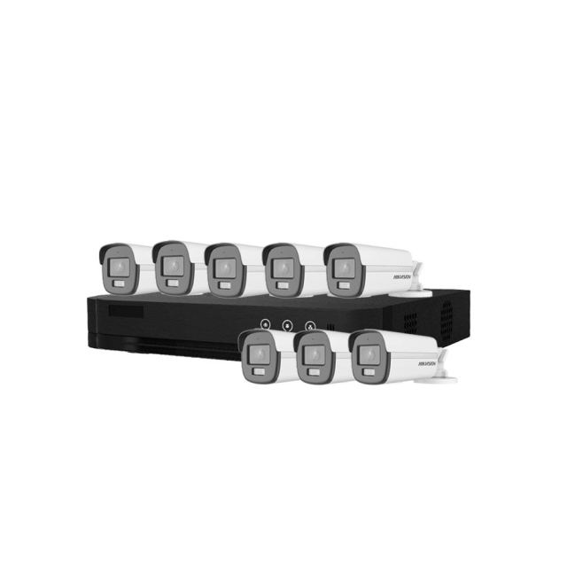 Sistem supraveghere exterior basic HikVision, 8 camere, 5 MP, lumina alba 40 m, 2.8 mm