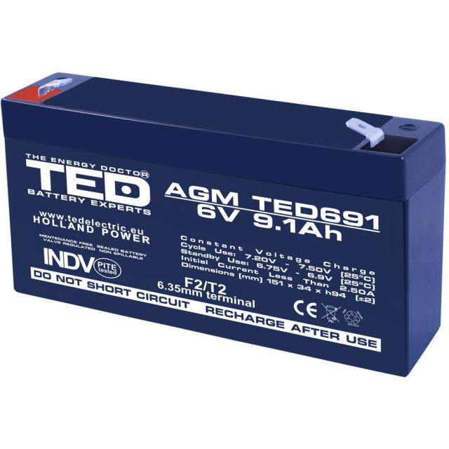 Acumulator AGM VRLA TED TED002990, 6 V, 9.1 A
