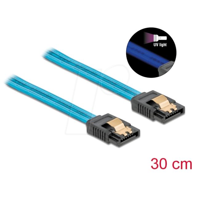 Delock Cablu SATA Delock, SATA III, 6 Gb/s, 30 cm, Albastru, UV Glow Effect