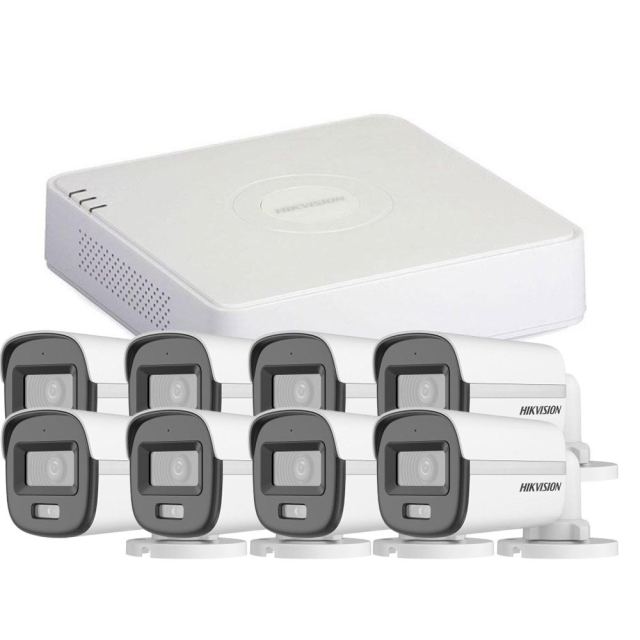 Sistem supraveghere exterior Hikvision ColorVu Hybrid Light KIT-HK-8EXT2MP20IRLA, 2 MP, 2.8 mm, IR/lumina alba 20 m, microfon