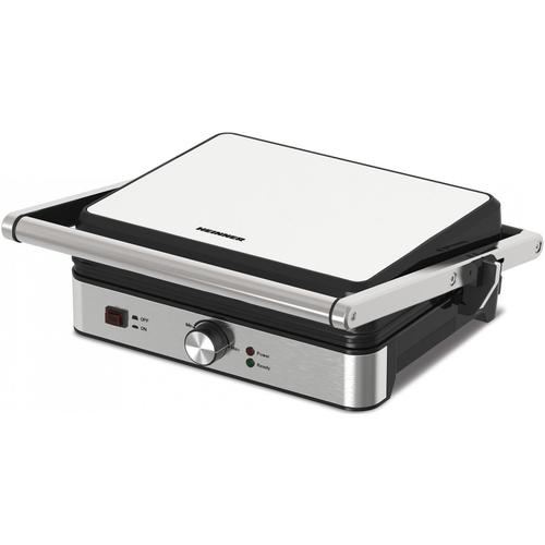 Grill electric Heinner SunsetGrill HEG-K2000SS, 2000W, Placi fixe cu invelis antiaderent, Dimensiuni placi: 30 X 24.9 cm, Temperatura reglabila, Maner rece, Deschidere 180˚, Indicatoare luminoase „ON” și „gata de folosire”, Tava colectare ulei