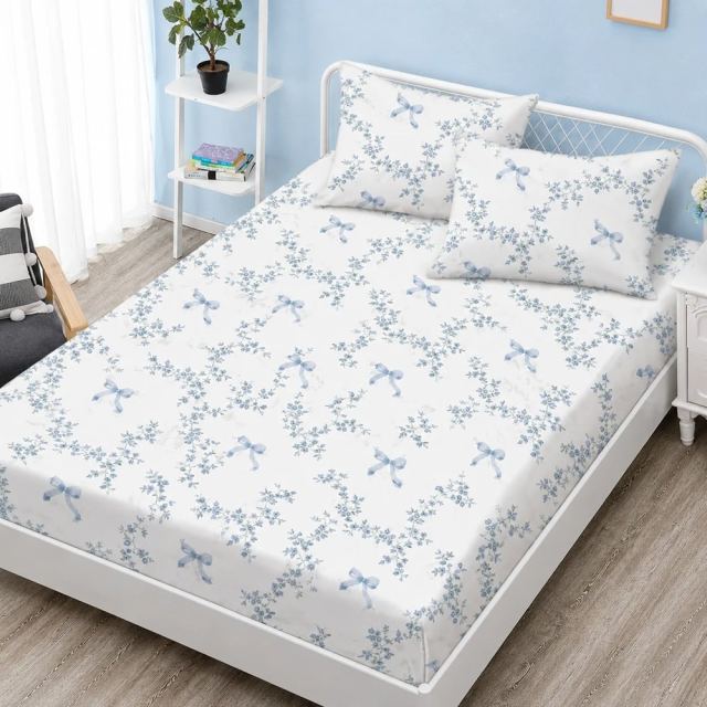 Cearceaf de pat din finet, cu 2 fete de perna Somnart pentru saltea de 160 x 200 cm Blue Breeze