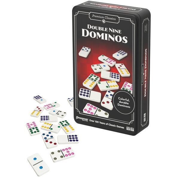 Pressman Premium Classics - Double Nine Dominoes, Joc Domino Extins 9-9, 55 de piese, in cutie metalica