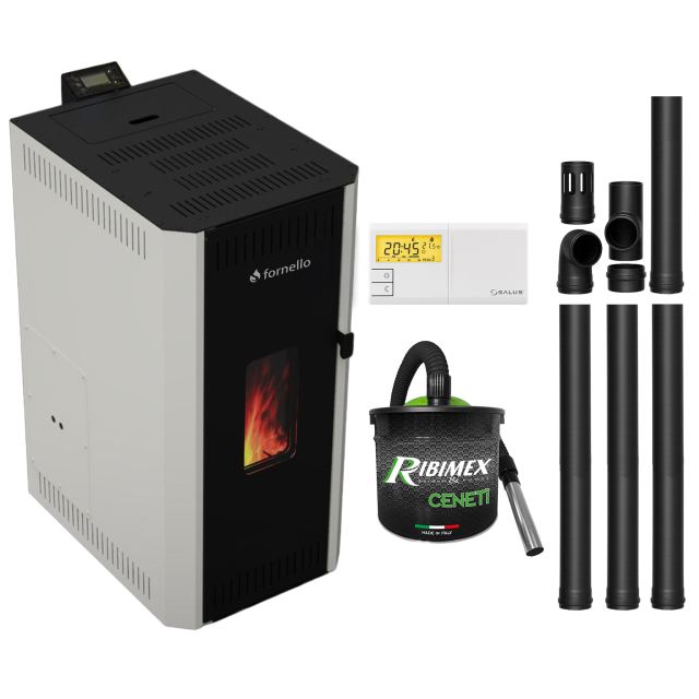 Pachet termosemineu pe peleti Fornello CALORE COMPACT 25 kW, pompa electronica, vas expansiune, arzator inox, grup de siguranta, kit evacuare, termostat Salus 091FLRFV2, aspiratior, sistem de curatare MECANICA a creuzetului si drumurilor de fum, culo