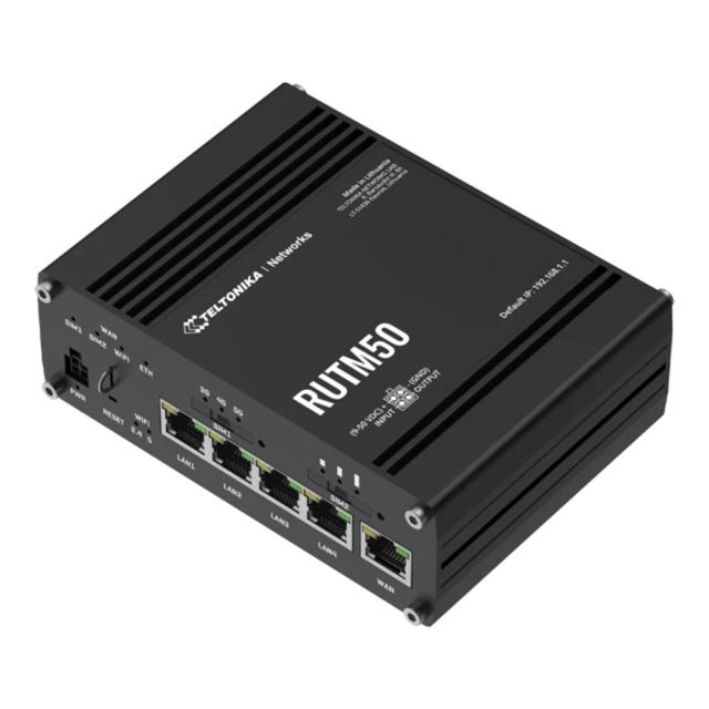 Router industrial 5G dual SIM Teltonika RUTM50, WiFi, Cat19, 3.4 Gbps, 4x4 MIMO, IoT, 1x WAN, 4x LAN