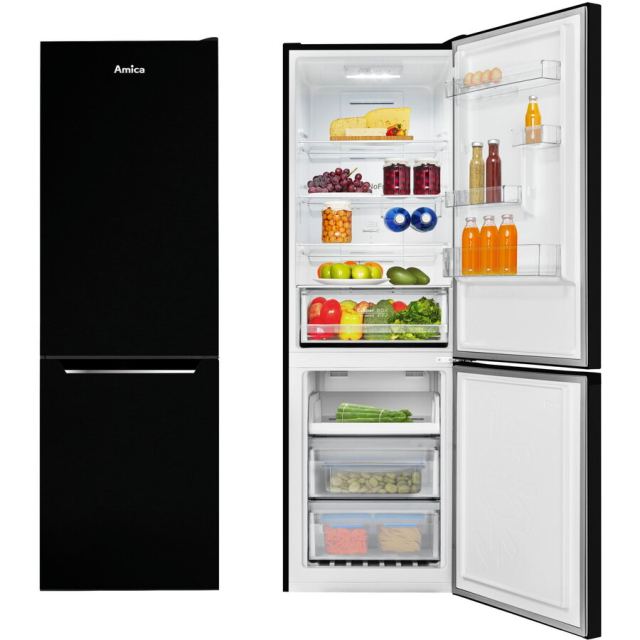 AMICA Combina frigorifica Amica FK3506D.2F(E), 322L, No Frost, clasa E, Inaltime185cm, luminare LED, racire rapida, congelare rapida, Negru