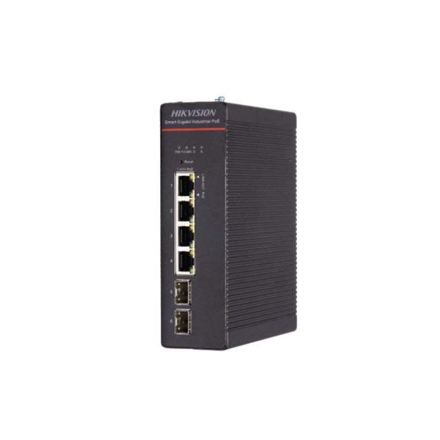 Switch industrial PoE Gigabit Hikvision DS-3T1506HP-SI-4P2F, 4 porturi, 20 Gbps, buget 300 W, cu management smart