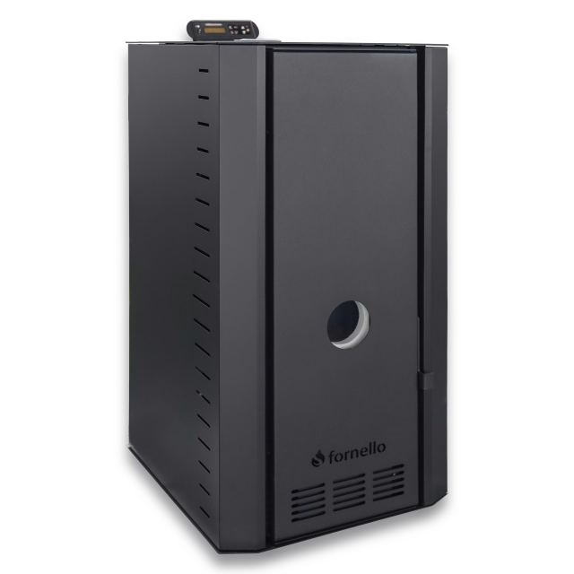 Cazan pe peleti Fornello SERENA B, 25 kw, complet echipat cu pompa de circulatie, vas de expansiune, supapa siguranta, telecomanda, culoare Black, arzator peleti din fonta, pentru suprafete pana la 150 mp