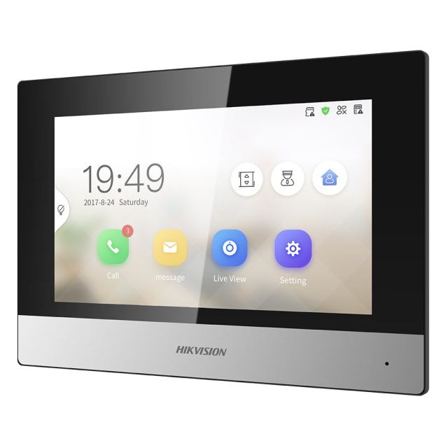 Videointerfon de interior IP WiFi Hikvision DS-KH6320Y-WTE2/WH, 7 inch, aparent, touchscreen, 2 fire, acces lift, microfon si difuzor, slot card, vizualizare de pe telefon, alb