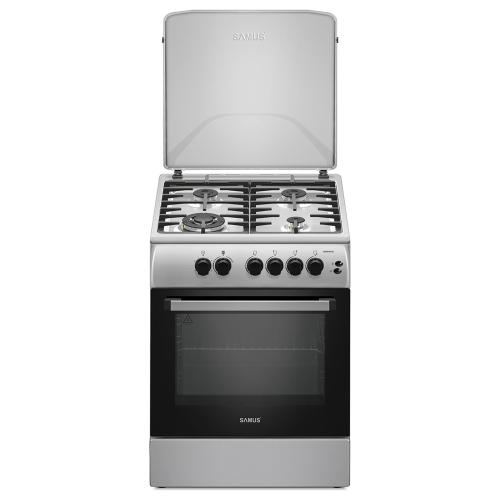 Aragaz SAMUS SM664XPGS1, Gaz, 4 arzatoare, Wok, Cuptor pe gaz, Grill, Aprindere electrica plita, Sigurante plita+cuptor, Timer (Inox/Argintiu)