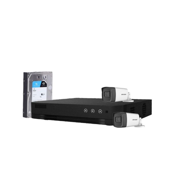 Sistem supraveghere exterior cu HDD 1TB HikVision, 2 camere, 5 MP, IR 40 m, 2.8 mm, microfon