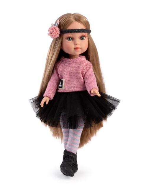 Papusa fashion Guca Penelope Paris, 33 cm, par blond drept, corp din vinil, cu outfit complet