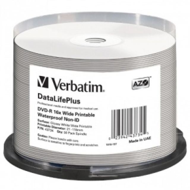 Verbatim Blank Dvd-R Verbatim .Dl+ 16x 4.7gb 50pk Spindle Wide Glossy Waterproof Printable Surface Non-Id 43734