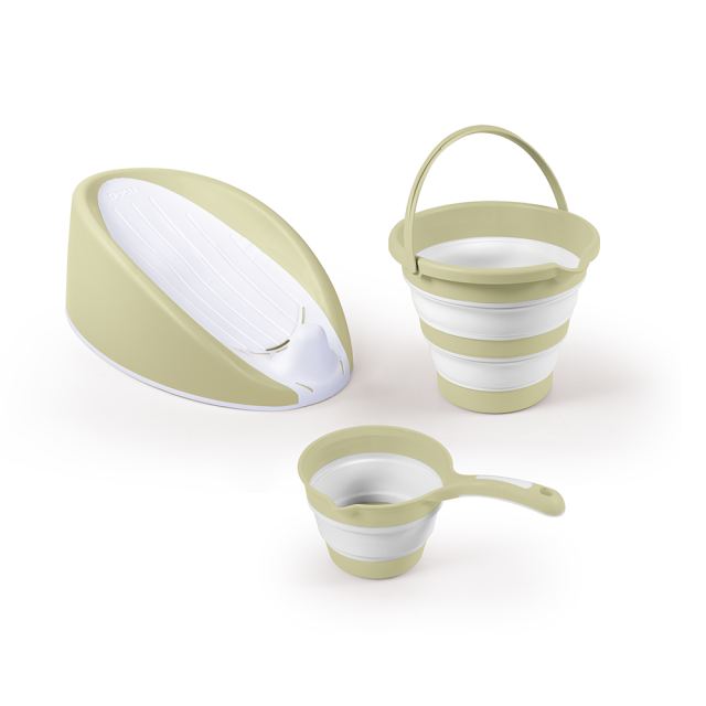 Set 3 in 1 cu suport anatomic pentru cadita, cana si galetusa cu design pliabil verde eco