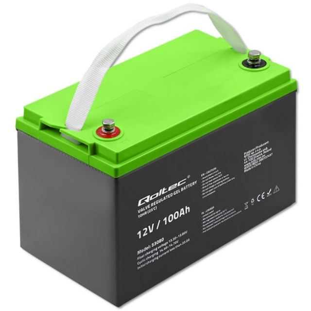 QOLTEC Acumulator Gel, Qoltec, 53080, Tensiune: 12V, Capacitate: 100Ah, Tip: Fara Intretinere, Tehnologie: Gel, Dimensiuni: 170 x 330 x 215 mm, Negru, Verde