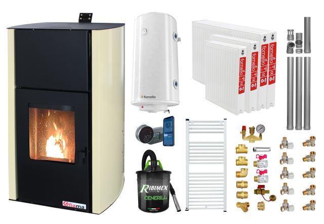 Pachet control de la distanta, Termosemineu pe peleti Fornello Fiama Confort 18 kw, Pompa, Vas expansiune, Automatizare, Radiatoare otel, Boiler 100 litri, Termostat, Aspirator, Kit 3.5 ml si Fitinguri montaj