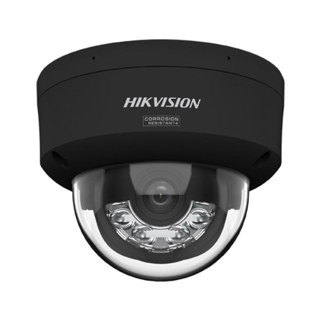 Camera supraveghere IP Dome cu iluminare duala Hikvision ColorVu DS-2CD2147G3-LIS2UY/BK, 4 MP, 2.8 mm, IR/lumina alba 30 m, microfon dual si difuzor, slot card, anti-coroziune, PoE, negru