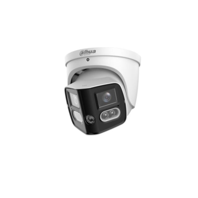 Camera supraveghere IP Dome panoramica cu lentila si iluminare duala Dahua WizSense TiOC AcuPick IPC-PDW3859-A180-E2-AS-PV, 2 x 4 MP, 2.8 mm, IR/lumina calda 30 m, detectie AI, alarma, microfon dublu, difuzor, slot card, PoE, IP67