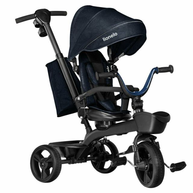 Tricicleta pentru copii Lionelo Kori Blue Navy cu scaun reversibil, rotire 360 grade, ultrapliabila, suport de picioare, control al directiei, conform cu standardul european de securitate EN71