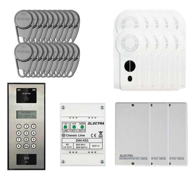 Kit videointerfon Electra Classic Line KIT-EL-VDI-2, 800 TVL, 255 posturi, RFID, tastatura, afisaj electronic, semiduplex digital, aparent