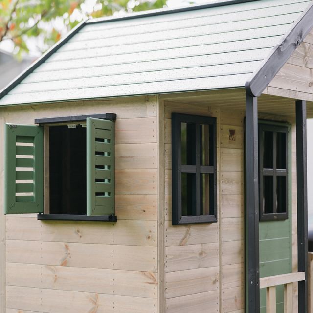 Casuta de gradina pastel Green Adventure Cottage cu platforma, tobogan, leagan dublu si modul sport Wendi Toys