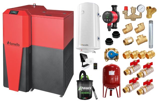Pachet Centrala mixta Lemn/Pelet Fornello Tera 28 kW, boiler, termostat, aspirator, pompa, vas expansiune, fitinguri, aprindere automanta la peleti, buncar peleti 95 kg, creuzet fonta, curatarea facila, pentru 180 mp