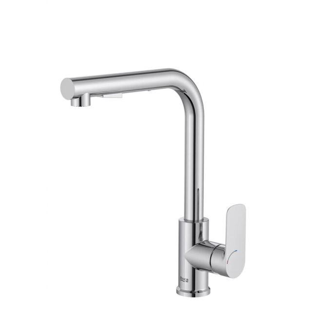 Roca Baterie sanitara bucatarie Roca, Gama Cala, pipa inalta, tip L, monocomanda, pivotanta, dus extractabil, 2 functii, crom