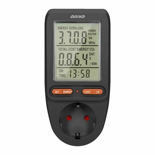 Priza cu contor consum curent/energie ORNO OR-WAT-435(GS)/B, afisaj digital, 16A, 3680W (Negru)