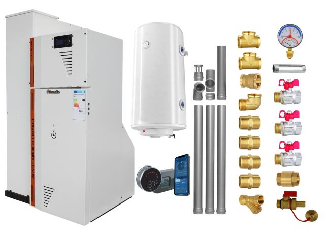 Pachet Centrala termica compacta pe peleti Fornello Rossi Camino Compact Automatic 25 kw, boiler, termostat, kit evacuare, fitinguri, pompa de circulatie, vas expansiune, tiraj fortat, curatare automata a arzatorului si a drumurilor de fum, Ecodesign