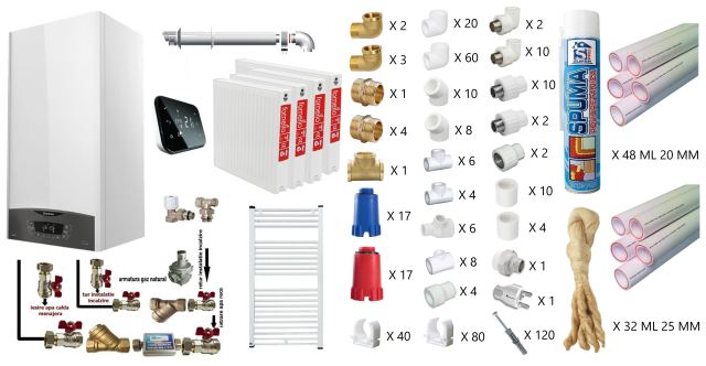 Pachet apartament cu 3 camere, centrala termica murala in condensare Ariston CLAS ONE+ WI-FI 24, Gaz, Termostat Salus IT 500, 24 kW, kit de evacuare inclus, calorifere otel, teava PPR si fitinguri, kit armaturi