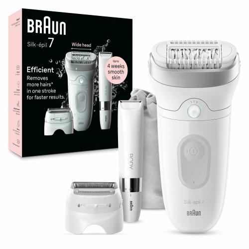 Epilator Braun Silk-epil 7 7-441 SkinSpa, Wet & Dry, MicroGrip, Smart Light, 40 de pensete, 2 viteze, Trimmer pentru corp, Cap de ras + Pieptene, 1 Capac, Saculet de voiaj (Alb/Argintiu)
