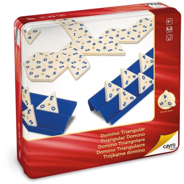 Cayro Joc Domino triunghiular in cutie metalica, Cayro, Varsta 8+ ani, Multicolor
