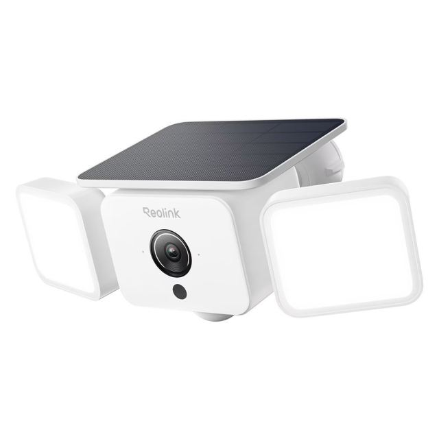 Camera supraveghere wireless IP WiFi cu panou solar Reolink All-in-One Floodlight F310B, 4MP,  2.3mm, IR 10 m, PIR 10 m, 3W, microfon si difuzor, acumulator 7800mAh, night vision color, slot card, detectie smart
