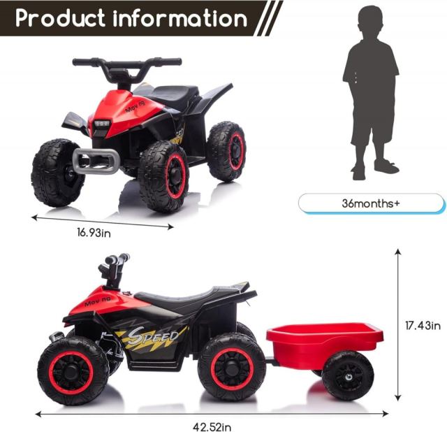 Atv electric cu remorca Nichiduta Mooving Speed Red, roti rezistente, remorca detasabila, acumulator 6V4.5Ah, motor 35w, suport picioare