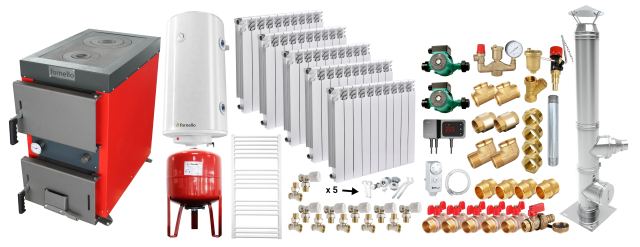 Pachet Cazan (centrala) cu plita pe combustibil solid (lemn, carbune, brichete), Fornello Rustic KP 20 kW, Cos inox, Calorifere aluminiu, Pompe, Boiler, Vas expansiune, Fitinguri montaj