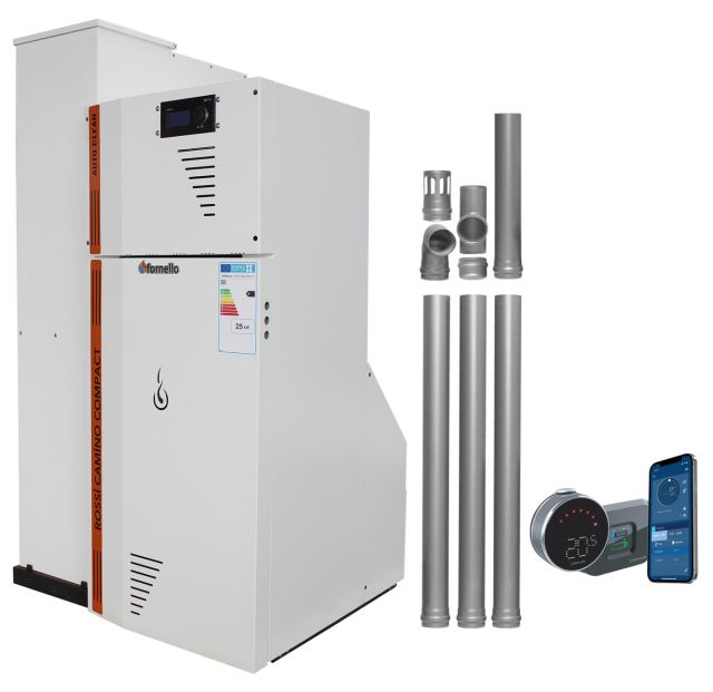 Pachet Centrala termica compacta pe peleti Fornello Rossi Camino Compact Automatic 25 kw, termostat, kit evacuare, pompa de circulatie, vas expansiune, tiraj fortat, curatare automata a arzatorului si a drumurilor de fum, Ecodesign, A+