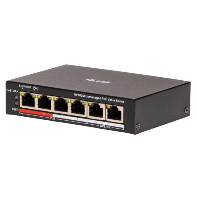 Switch cu 4 porturi PoE Hikvision HiLook NS-0106P-45(B), 2 porturi 10/100Mbps, 1.2 Gbps, buget PoE 45W, fara management
