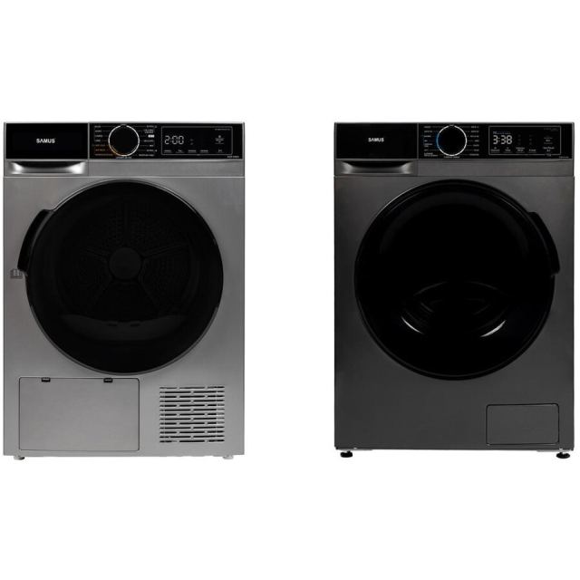 Samus Pachet Samus WMD1 Masina de spalat rufe Samus WSADI-8145DS, 8 kg, Clasa A, 1400 rpm, 15 programe, Motor Inverter (Gri inchis) + Uscator de rufe Samus SADP-836DS, Pompa de caldura, 8 kg, 15 programe, Clasa D, Igienizare UV, Afisaj electronic, Gri in