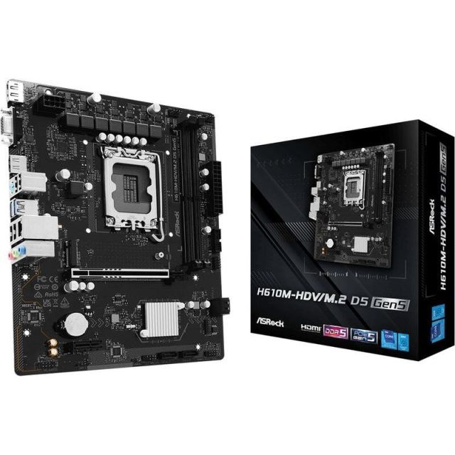 ASROCK Placa de baza ASRock H610M-HDV/M.2 D5 GEN5, Intel H610, Socket LGA 1700, mATX, DisplayPort, HDMI