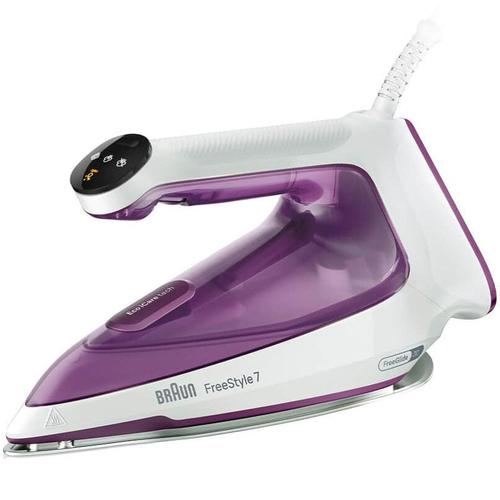 Fier de calcat Braun FreeStyle 7 FI7215VI, 2000W, jet de abur 230g/min, abur variabil 0-50 g/min, pompa integrata, talpa EloxalPlus, sistem EasyCalc Clean, rezervor 350 ml, tehnologie FreeGlide 3D, oprire automata, sistem antipicurare (Alb/Violet)
