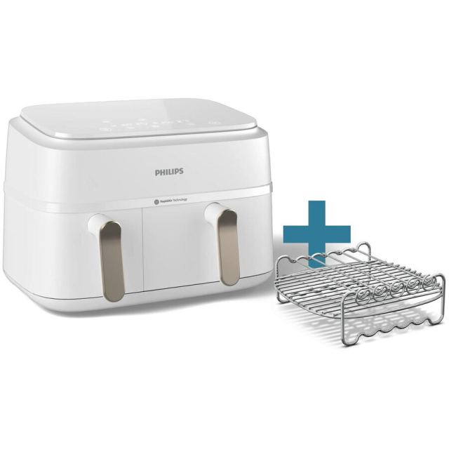 Philips Friteuza cu aer cald Philips Dual Basket NA353/14, 9 L, 2750 W, 8 Programe, Timer, Control Touch, Capacitate 1.5 kg, Alb