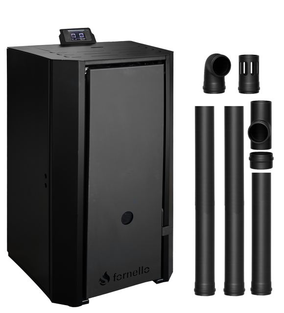 Pachet Centrala pe peleti Fornello EVA B Black 25 KW, pompa circulatie, vas expansiune, Grup siguranta, WI-FI, buncar, tiraj fortat, kit evacuare 2.5 ml, Clasa A++, recomandat pentru 160 mp, Negru